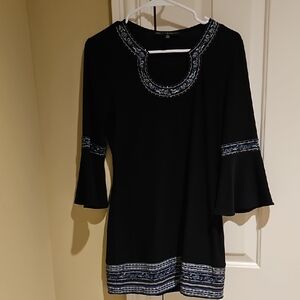 White House Black Market Black Tunic with Blue Embroidery